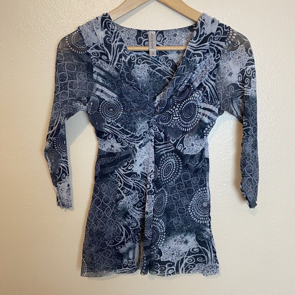 Lucy Fiona S Top Blouse Mesh Flora Y2K Twist Front Nylon 3/4 Sleeve Art To Wear